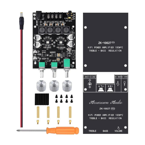 2 Channel Bluetooth Five Zero HiFi Amplifier Board With 100W And 100W Output Subwoofer Ready USB And AUX Inputs Bass And Treble Control DC 12 To 24V DIY Speaker Amp Module For Speaker Rigs, shown with components.
