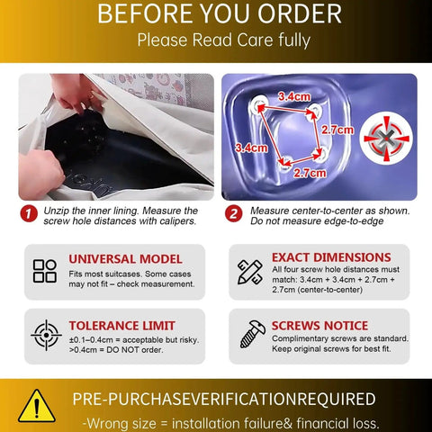 Instructions for measuring suitcase wheel screw holes with calipers before ordering 360 Degree Swivel PVC Suitcase Wheels Replacement Pair.