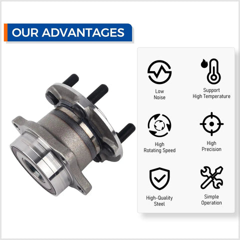Rear Wheel Bearing And Hub Assembly Pair Fits 13-16 Scion FR-S, 13-19 Subaru BRZ, shown with advantage icons and features