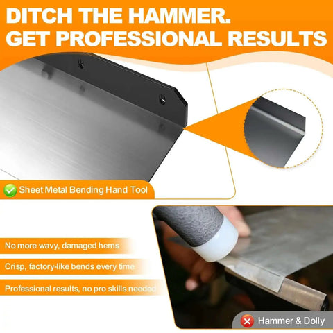Heavy Duty Sheet Metal Hemming Tool for Roofing Panels and HVAC Ducts, close-up of metal bend and hemming process