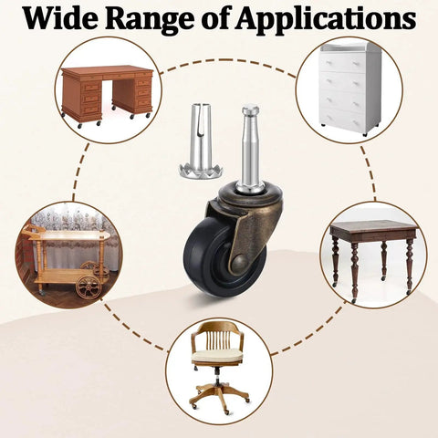 Ten Pack Vintage Brass Stem Caster Wheels With 1-5/8 Inch Rubber Wheels, 1.4 Inch Stem And 0.75 Inch Socket Diameter, shown with furniture applications