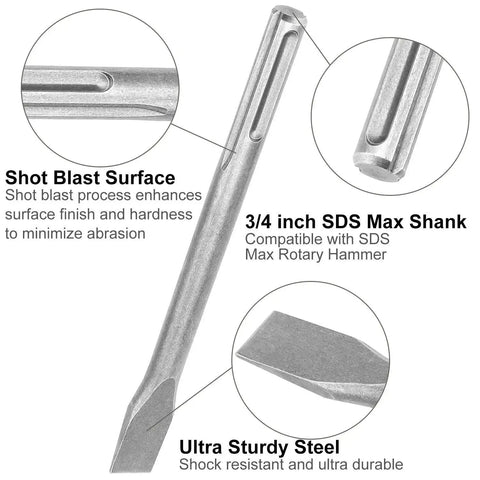Beefy 6 Piece SDS Max Hammer Drill Chisel Set For Masonry And Concrete, showing 3/4 inch shank, shot blast surface, ultra sturdy steel