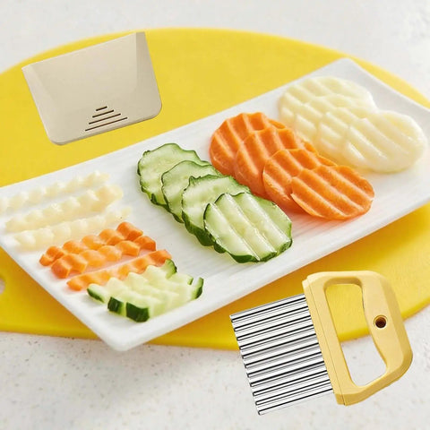 Crinkle French Fry Cutter Wave Slicer For Potatoes Portable Stainless Steel Cutter With Large Wide Blade And Blade Cover shown with cut vegetables