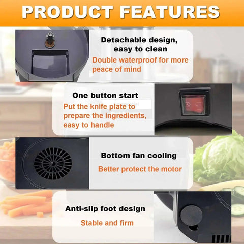 Killer All In One 4 In 1 Electric Vegetable Slicer And Chopper With Dual Feed Chutes featuring detachable design and anti-slip foot.