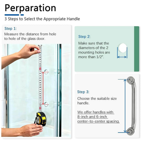 Glass Shower Door Handle For Sliding Frameless Doors In Brushed Nickel Finish Back To Back 304 Stainless Steel Pull Hardware 6 Inch Length Corrosion Resistant Suitable For Glass Thickness One Quarter To One Half Inch Includes Center To Center Mount preparation guide image