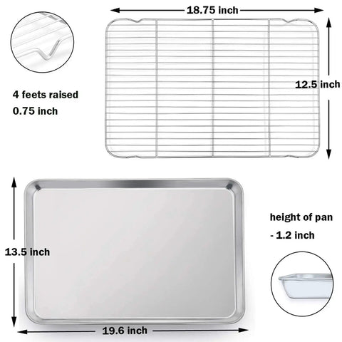 Diagram of stainless steel baking sheet set with rack for oven and dishwasher safe 19.6 inch two pans and two racks.