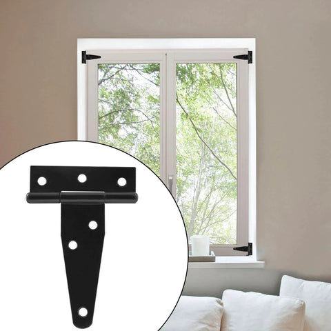 Close-up of a black T-strap hinge used on a window frame with a view outside. Six Pack Of 3 Inch Black T Strap Shed Hinges Heavy Duty Gate Strap Hinges