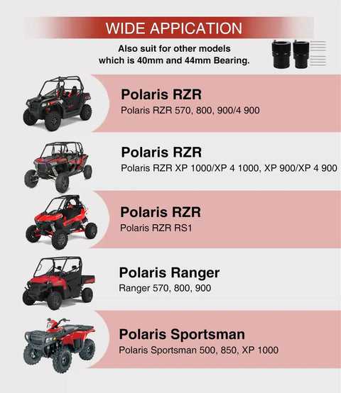 Wide application chart for 40mm and 44mm front and rear wheel bearing greaser tool kit, compatible with Polaris RZR, Ranger, Sportsman models.