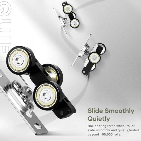 Close-up of ball bearing three wheel rollers for Eight Foot Sliding Pocket Door Hardware Kit With Aluminum Box Rail Track