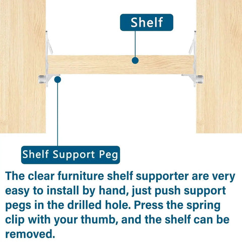 Clear Plastic Locking Shelf Pegs 5mm Diameter Self Locking Shelf Pins showing shelf support installation.