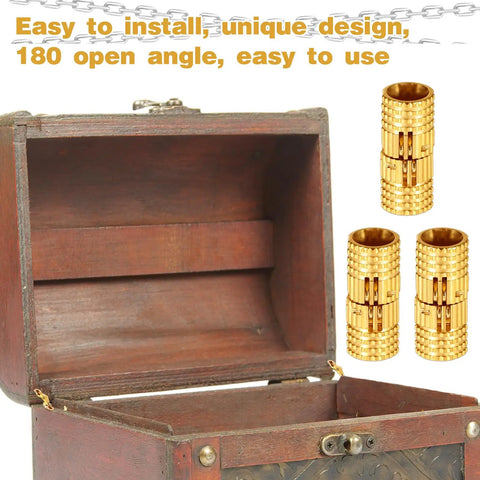 Hidden Brass Hinges Set, 6 Pcs, 8 Mm, 180 Degree Opening, Invisible Furniture Hinges For DIY Jewelry Boxes, Wood, Gold Finish