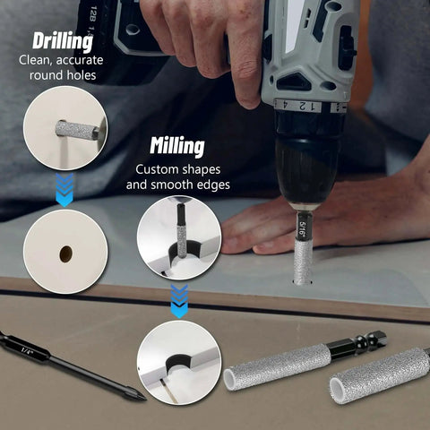 Person using a drill with Diamond Drill Bit Set For Glass Tile And Stone Sixteen Piece With Nine Sixteenth And Five Eighth Inch Wide Pro Diamond Bits Dry Drilling Wax Core One Quarter Inch Hex Shank Includes Two Pilot Bits For Accurate Start On Ceramic Porcelain Marble Granite.