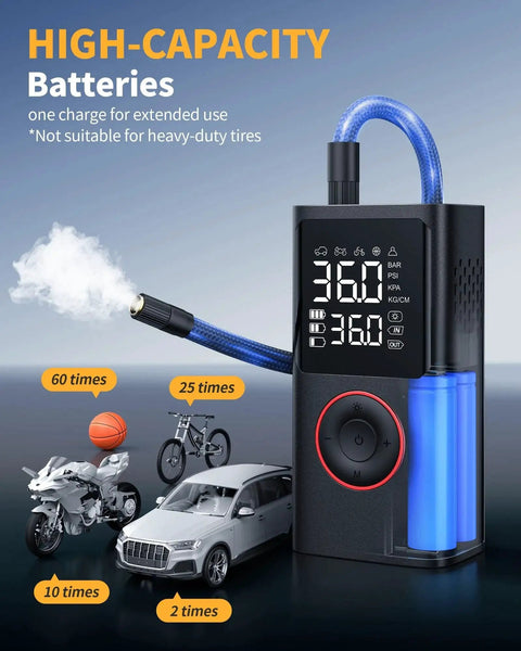 Cordless Tire Inflator Portable Air Compressor 150 PSI With Pressure Gauge And LED Light next to motorcycle, car, and ball