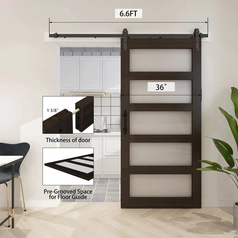 36 Inch By 84 Inch Glass Barn Door With 6.6 Foot Sliding Door Hardware Kit Included And Handle Five Panel Frosted Glass Solid Wood Slab With Waterproof PVC Surface For Privacy And Durability Pre Drilled For Easy Assembly Brown