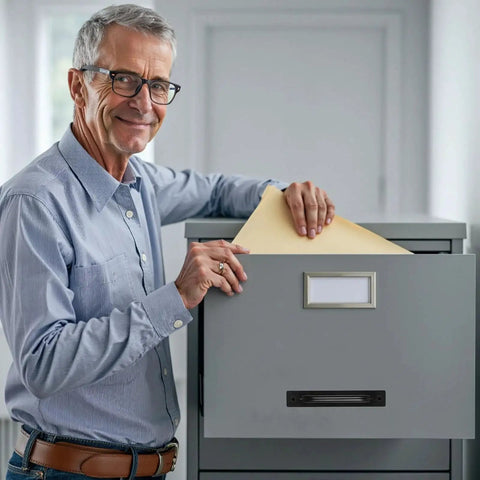 Man filing document in a gray filing cabinet drawer, office setting