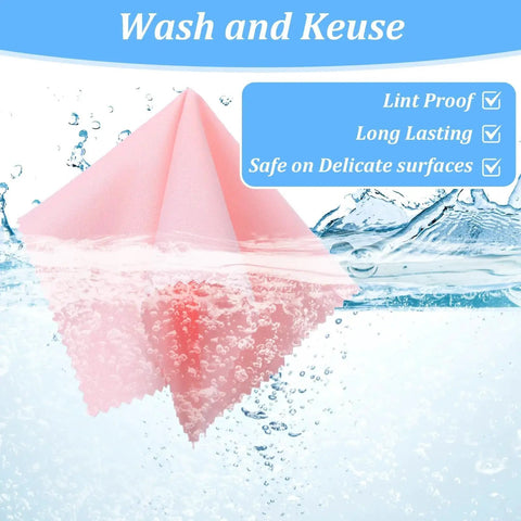 Multicolor 200 Pack Microfiber Cleaning Cloths For Glasses Screens Cameras submerged in water showing lint-proof feature