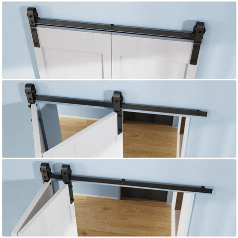 2.5Ft Bi Folding Sliding Barn Door Hardware Track Kit For Two Doors, Black Roller Kit With J Shape Track, No Door Included