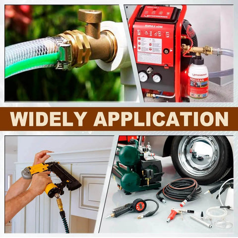 Collage showing applications of 5 Pack Brass Hose Barb Fittings One Quarter Inch Barb To One Eighth Inch NPT Male Thread Air Water Fuel Line Adapters Connector For Hoses With Tight Seal And High Burst Pressure Up To 300 PSI in various settings
