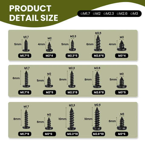 750 Pcs Self Tapping Screws For Plastic And Metal M1.7 To M3 Phillips Pan Head size chart illustration