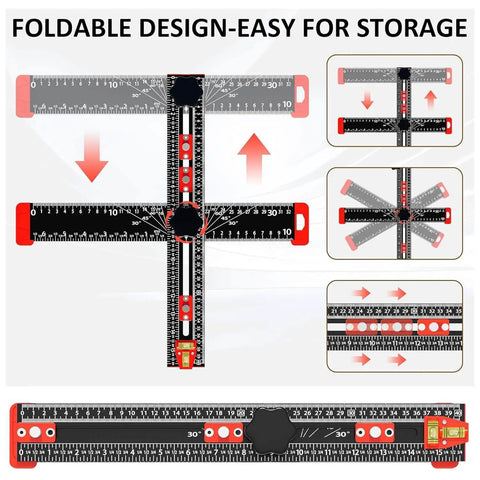 Foldable 4 In 1 Drilling Positioning Jig with 14 Inch Adjustable T Square Ruler Multifunction Cabinet Hardware Jig for DIY woodworking.