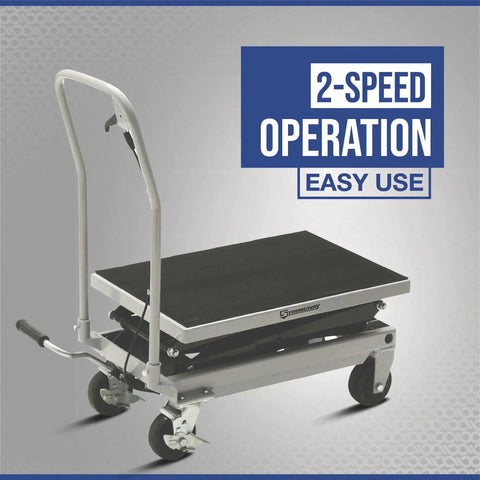 Side view of Strongway 2-speed hydraulic lift table cart with black platform and gray frame.