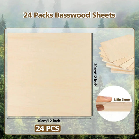 Basswood Sheets Set 24 Pieces 3mm Thick 12x12 Inch For Laser Cutting And Engraving DIY Crafts Wood Burning Painting And Architectural Model Building Ideal For Beginners And Pros, shown front view with dimensions and thickness.
