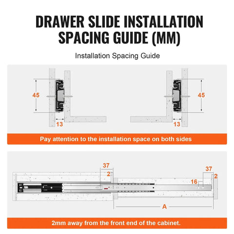 Drawer slide installation spacing guide for Soft Close Drawer Slides Set With Heavy Duty Ball Bearing Full Extension Side Mount Rails.