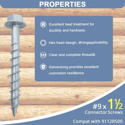 Heavy Duty Joist Hanger Screws Number 9 X 1-1/2 In With 1/4 In Hex Head And 0.37 In Washer Prem Galvanized Corrosion Resistant Replaces 9112R500 And 10D Nail Includes Hex Driver 500 Count, showing single screw and product properties.