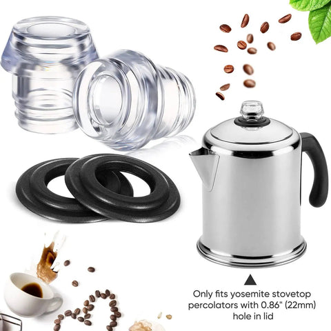 Two clear replacement percolator tops with black rubber washer rings for Farberware Yosemite stovetop coffee percolators
