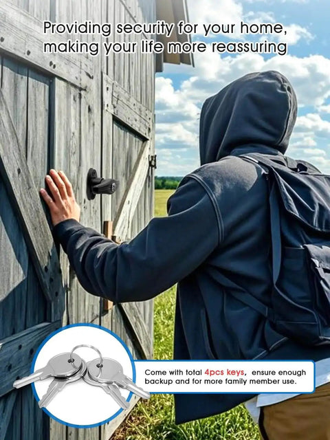Person using Heavy Duty Shed Door T Handle Lock Kit With 4 Keys Tough As Nails Zinc Alloy T Lock on wooden barn door