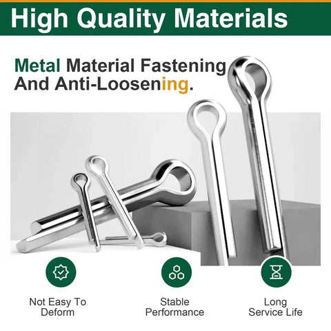 100 Piece Cotter Pins Assortment Kit Stainless Steel 304 Split Pins Set For Lawn Mowers Clamps And Trailer Hitches Plus Mechanical Fastening Needs For DIY Repairs And Your Home Workshop Gear displaying high quality stainless steel pins on a pedestal.