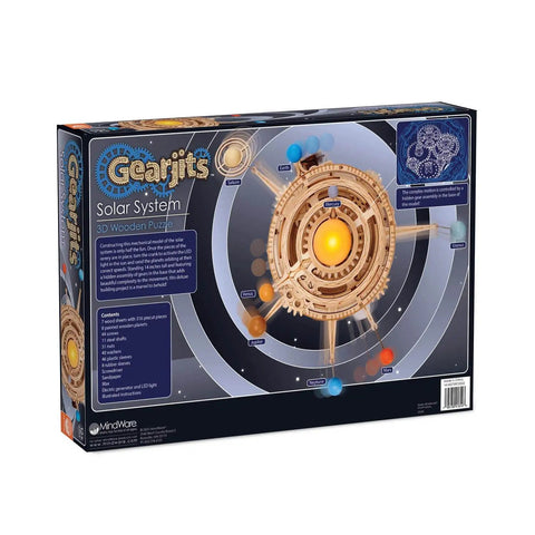 Box of DIY Solar System Wood Puzzle Kit For Teens And Adults, showing 14 Inch Tall 3D Solar System Model with LED sun display.