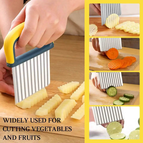 Two Pack Wavy Crinkle Cutter Knife For Veggies And Fruits Stainless Steel Chopper Tool With Safe Grip shown cutting produce.