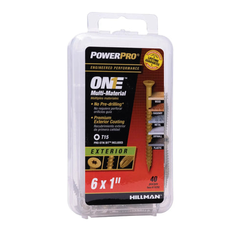Premium One Multi Material Flat Head Screws For Wood Metal Concrete Drywall And Plastic Epoxy Coated Steel Size Six By One Inch Pack Of Forty Bronze Finish No Pre Drilling Required Go To All Purpose Fasteners displayed in packaging