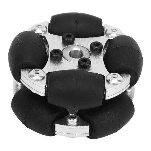 Close-up of a Double Aluminum Omni Wheel 38mm for Robots, featuring metal hubs and PU rollers, ideal for 360-degree movement in robotic projects.