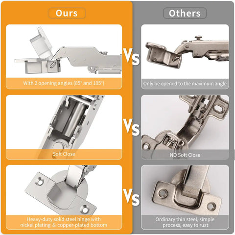 Comparison between our 60 Pack Frameless Half Overlay Soft Close Concealed Cabinet Hinges Satin Nickel and others without soft close feature.