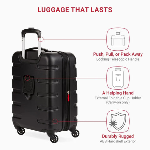 Expandable Carry On Luggage With Spinner Wheels For No Fuss Travel Easy 19 Inch Cabin Size Hardside Black Suitcase with cup holder.