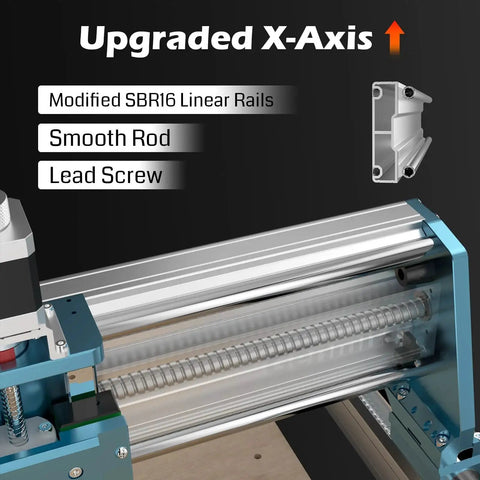 Beefed-Up 4040-PRO MAX CNC Router With 710W Spindle Drive, showing upgraded X-axis with SBR16 linear rails and lead screw.