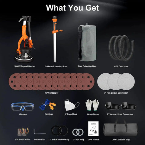 Beast 1000W Drywall Sander With Vacuum Dust Collection And LED Light Popcorn Ceiling Removal Tool and accessories, front view.