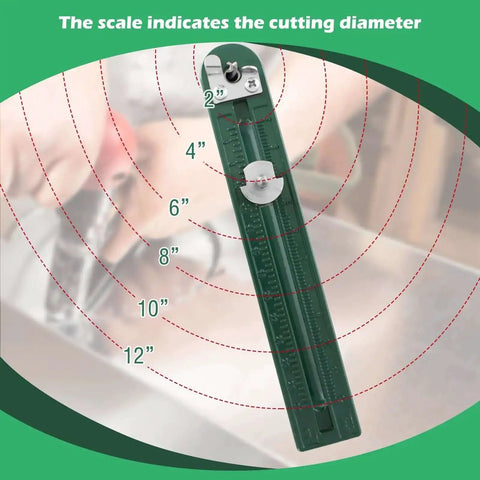 Adjustable Circle Hole Cutter for Sheet Metal 2 to 12 Inch for Ductwork HVAC, with diameter scale shown, green tool.