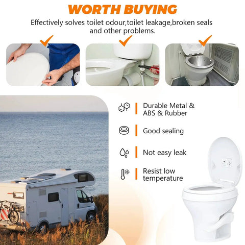 Upgraded RV Toilet Valve Kit With Flush Ball Seal 385311641 385311658 for Sealand and Dometic RV Toilets shown with benefits and usage images