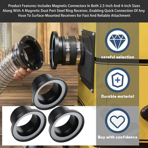 Magnetic Dust Collection Fittings Kit For 4 Inch And Two And A Half Inch Hoses With Mag Port Connector And Couplers installed on equipment