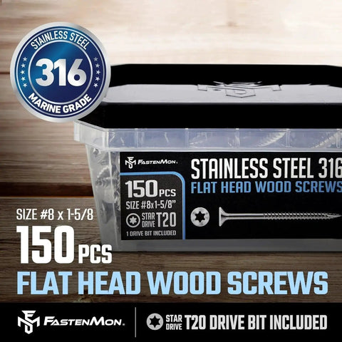 Package of Marine Grade 316 Stainless Steel Deck Screws For Outdoor Wood Projects Flat Head With T20 Drive Type 17 Point 150 Pack