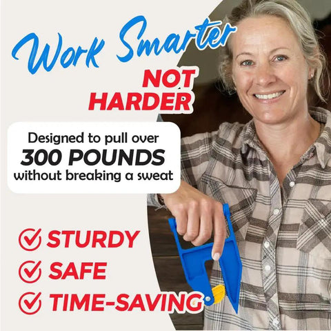 Woman holding Stall Mat Movers For Heavy Mats With Spring Lever Adjustable Grip Made In USA, demonstration of sturdy use.