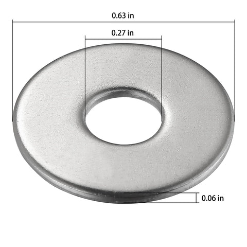 Stainless steel flat washer, 1/4 in bore, outer diameter 5/8 in, 0.06 in thick, 304 stainless.