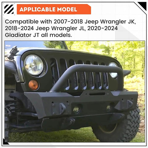 Front view of Stubby Front Bumper For Jeep Wrangler JK JL Gladiator JT With Fog Light Housing installed on a Jeep vehicle.