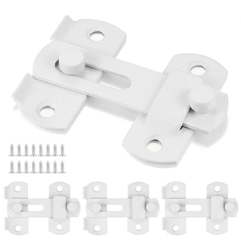 4 Pack Matte White Stainless Steel Barn Door Latches 2.75 Inch By 2.02 Inch Sliding Gate Lock Bi Fold Door Latch For Wine Cabinet And Closet Doors White Finish Durable Rust Resistant Easy To Clean, shown with screws