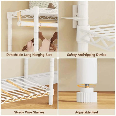Extra Large Industrial Pipe Clothing Rack With Five Tier Shelves And Hanging Rods Freestanding Portable Closet Organizer System 88.6 Inches Wide Beefed Up Heavy Duty Wardrobe Holds Up To 1300 Lbs White