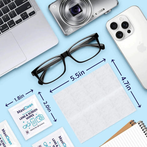 Pre-Moistened Lens Wipes For Eyeglasses And Screens Individually Wrapped beside glasses, camera, phone, and laptop with measurements.