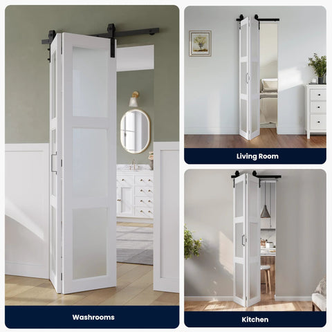 72 Inch By 84 Inch Bifold Barn Door With Frosted Glass Hardware Kit Included Pre Drilled Holes No Fuss Easy Assembly White Waterproof PVC Coated Solid Slab Space Saving Design For Laundry Room Pantry Closet Kitchen And More installed in washroom, living room, and kitchen